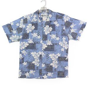 Howie Men's Aloha Shirt Blue Hawaiian Floral & Tribal Block Pattern Size Medium
